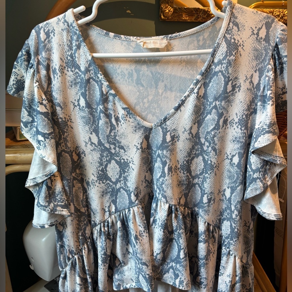 Altard State Blue Snake Print Ruffle Sleeve Top
